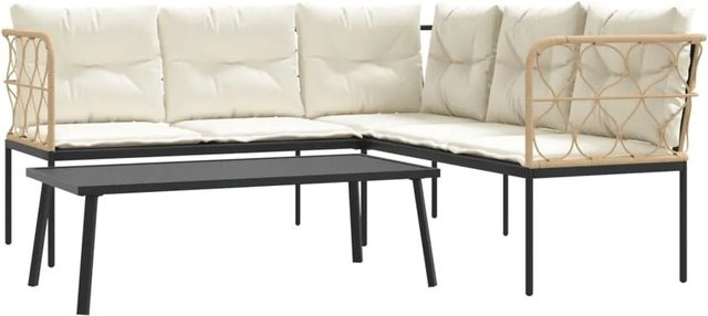 vidaXL Garten-Sofagarnitur in L-Form mit Kissen und Couchtisch, Schwarz, Stahl und Textilene - Bild 1