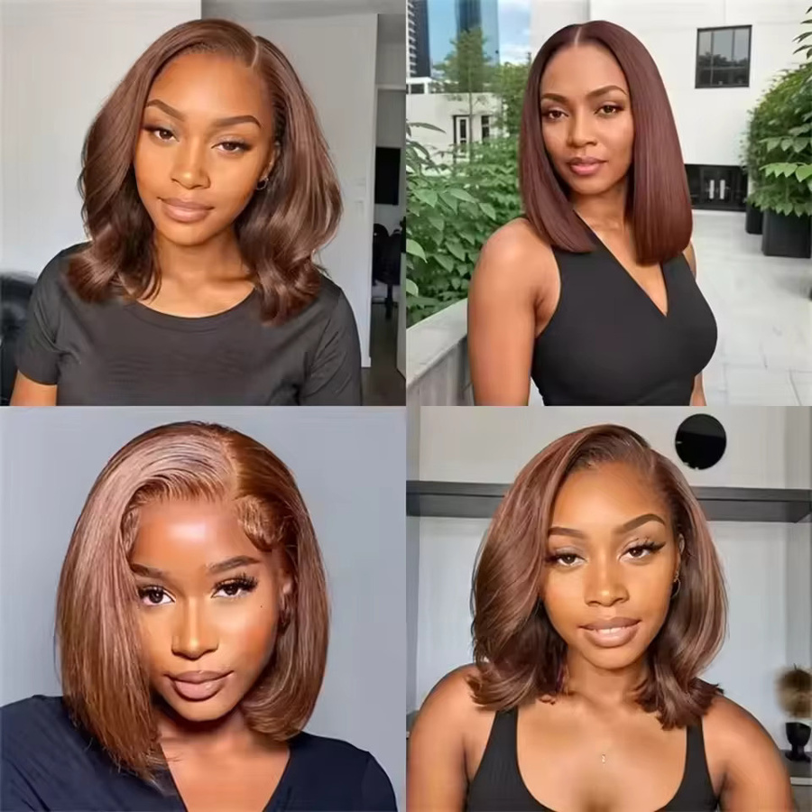 Sooolavely Bob-Perücke Echthaar, Schokoladenbraun, Kurz, Lace Frontal, Damen - Bild 2