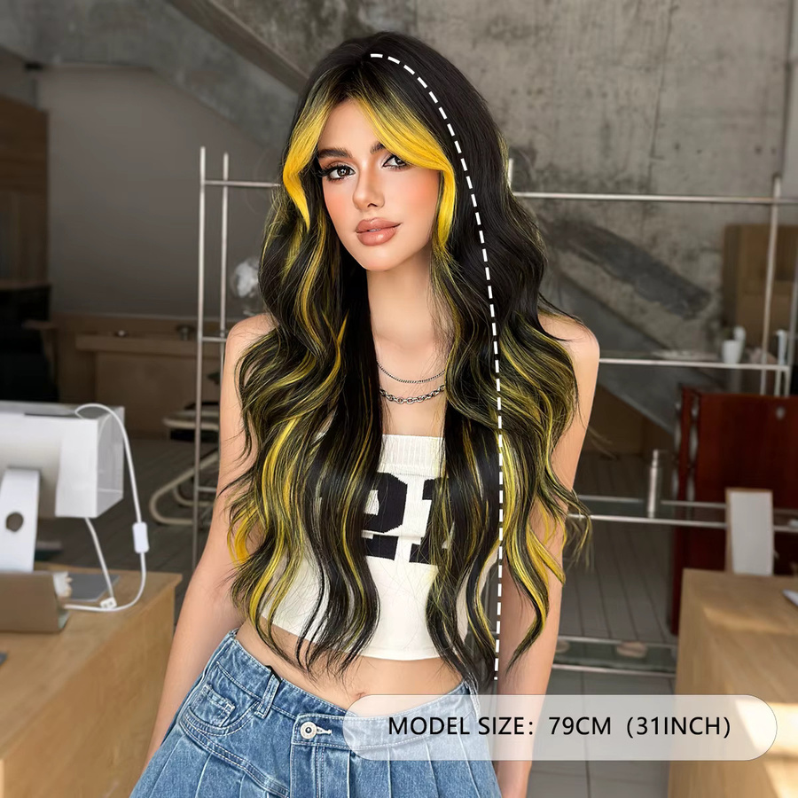 NAMM Halloween Cosplay Perücke, Synthetisch, Schwarz mit gelben Highlights, Damen - Bild 2