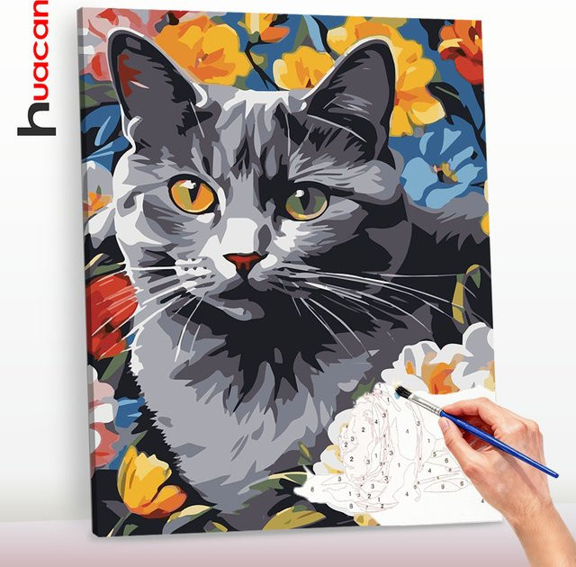 Huacan Katzen-Malen-nach-Zahlen-Set, DIY Ölgemälde, Blumen, Bunt - Bild 1