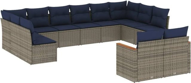 vidaXL 12-tlg. Gartensofa-Set in U-Form aus Polyrattan mit Kissen in Grau und Blau - Bild 1