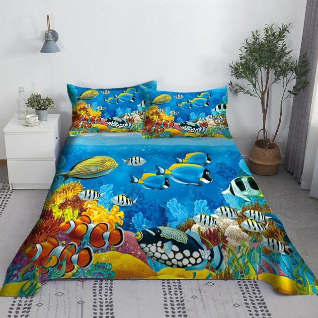 Lodestar Bettwäsche-Set mit 3D-Unterwasserwelt-Print in Blau, bestehend aus Bettbezug und Kissenbezügen aus Polyester, Breite: 160 cm, Länge: 230 cm - Bild 1