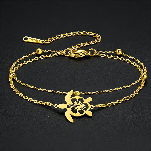 HIPEE Armband, Edelstahl, Gold, Hibiskusblüten-Muster, Meeresschildkröten, Damen - Bild 1