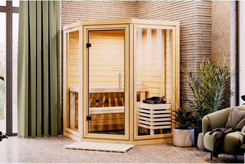 Karibu Sauna Udema für 2 Personen in Beige mit 9 kW Ofen und interner Steuerung, B/T/H: 158 x 158 x 207 cm - Bild 1