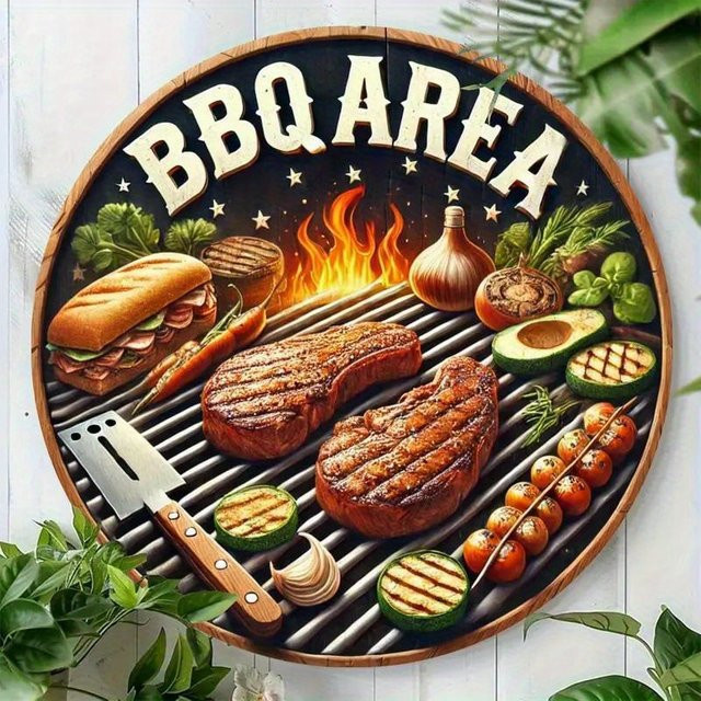 CIFBUY Rustikales BBQ Wandkunstwerk aus Aluminium, rundes Metallschild in Multicolour für Küche, Garten und Café - Bild 1