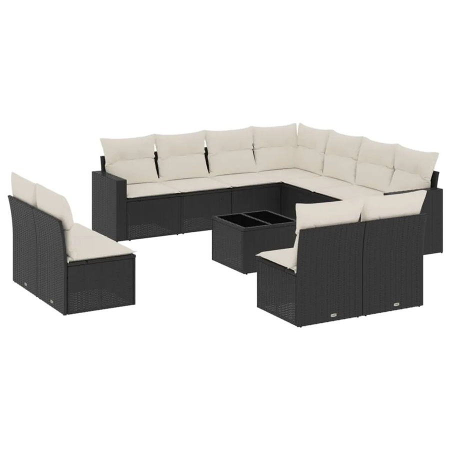 vidaXL 12-tlg Garten-Sofagarnitur in L-Form mit Kissen und Couchtisch, Schwarz, Poly Rattan und Metall - Bild 2
