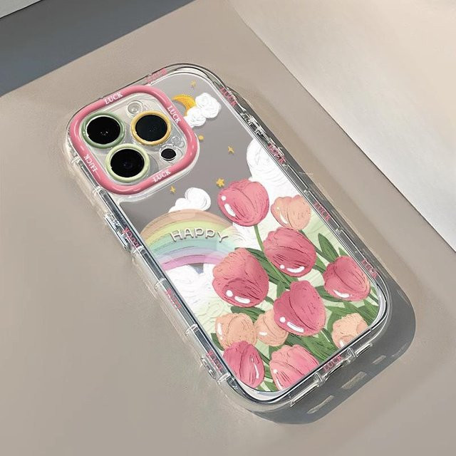 Rosa Rosen Spiegelhülle für Apple iPhone 16, 15 Pro Max, 14, 13 und 11 in Pink und Mehrfarbig - Bild 1