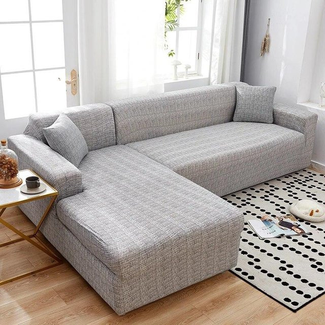 2er-Set elastische Spandex-Ecksofa-Bezüge für L-förmige Sofas in Grau, Stretch-Schonbezüge aus Polyester und Elastan - Bild 1
