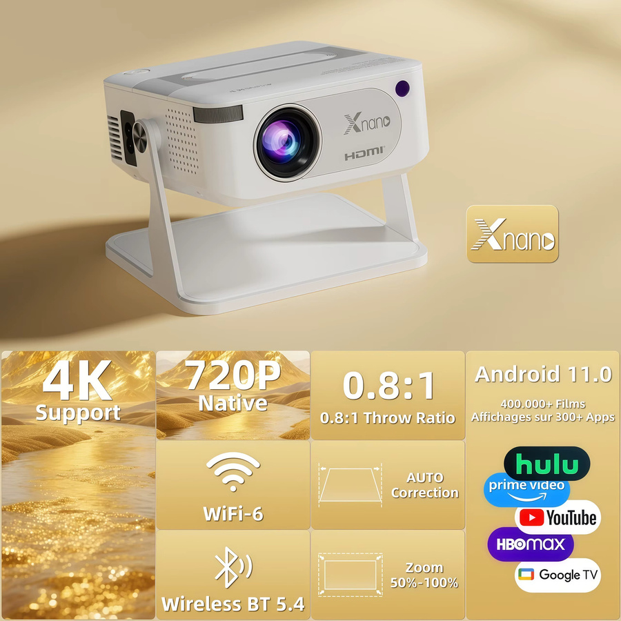 XNANO HA109 Tragbarer LED-Projektor mit Android 11 System, 720P 4K Video Unterstützung, 200 ANSI Lumen, WiFi 6 und Bluetooth 5.0 inklusive Gimbal-Halterung für dein Heimkino - Bild 2