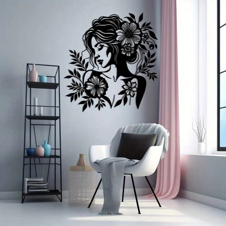 Moderne Wanddekoration CIFBUY Frauenskulptur mit Blumenmotiv aus schwarzem Metall - Bild 2