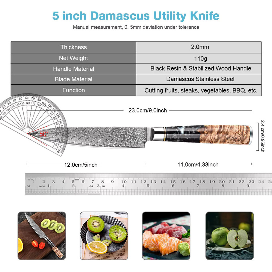Xituo Profi-Küchenmesser aus silberfarbenem VG10-Damaststahl mit ergonomischem Holzgriff, Klingenlänge: 12,7 cm - Bild 2