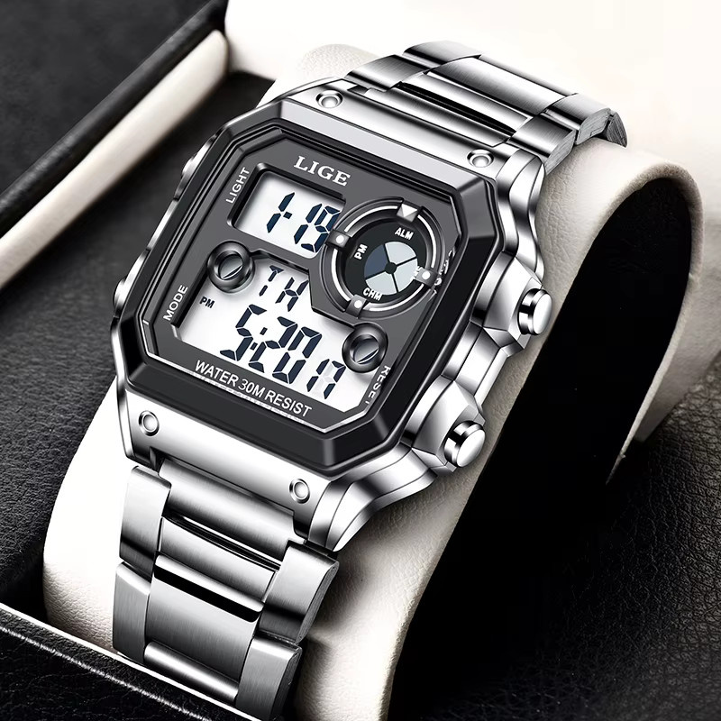 LIGE Digitaluhr, Edelstahl, eckig, Herren, Alarm, Datum - Bild 6