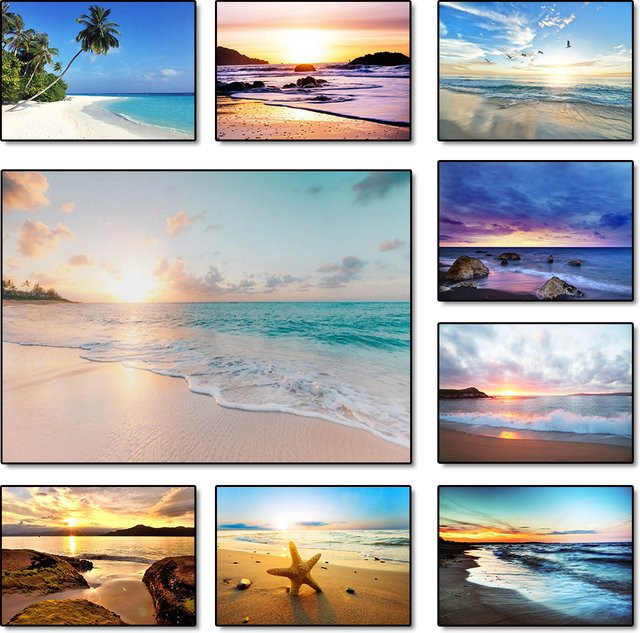 Hawaii Strand Leinwandgemälde von HALFLEMART mit Sonnenuntergang und Palmen in Gold und Multicolour - Bild 1