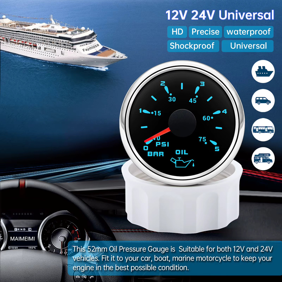 ZMFJH Öldruckmesser mit 7-Farben-Hintergrundbeleuchtung, 52mm, 0-5 Bar / 0-75PSI, wasserdichte Anzeige für Auto, Marine und Yacht, Multicolor - Bild 2