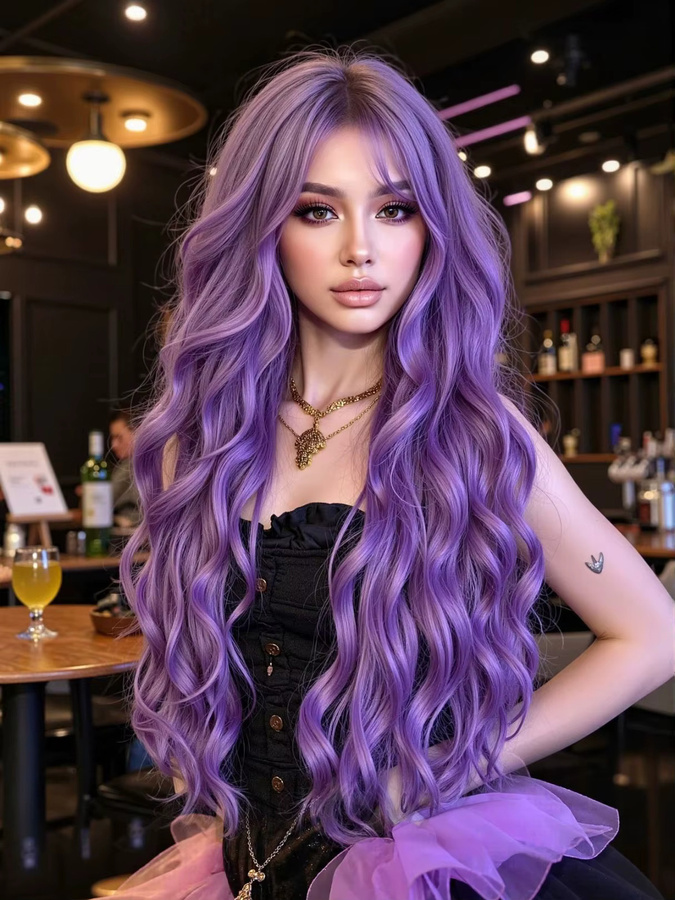 Blonde Unicorn Perücke, lila, lange lockige gewellte Haare, Damen - Bild 3