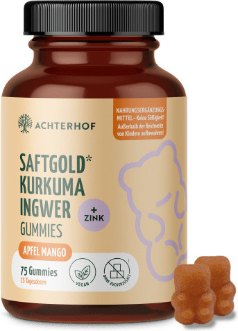 Saftgold Kurkuma Ingwer Gummies Apfel Mango + Zink vegan 75 Stück - Bild 1