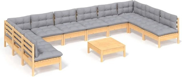 vidaXL 11-tlg. Garten-Lounge-Set aus massivem Kiefernholz in U-Form mit grauen Polstern - Bild 1