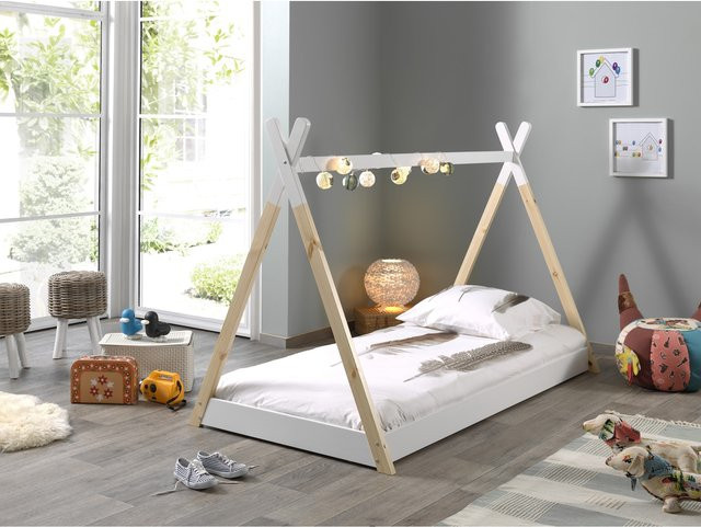 Vipack Tipi Zelt Bett aus massiver Kiefer mit Matratze und Rolllattenrost, Farbe Weiß/Natur, Liegefläche Breite: 90 cm, Tiefe: 200 cm - Bild 1