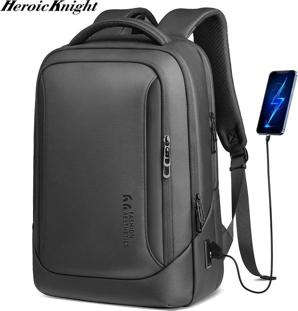 Heroic Knight Multifunktionaler Herren-Rucksack für 15,6-Zoll-Laptops, wasserdicht, große Kapazität mit USB-Anschluss, Schwarz - Bild 1