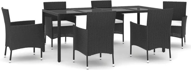 vidaXL 7-teilige Garten-Essgruppe aus Poly Rattan mit Kissen in Schwarz und Cremeweiß - Bild 1