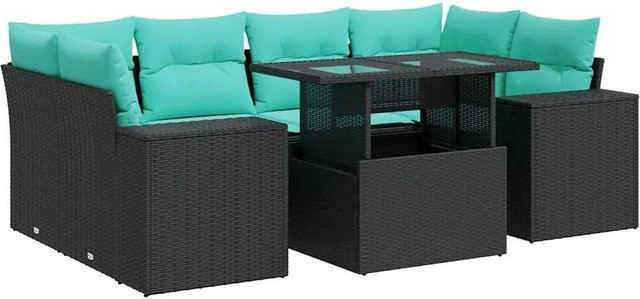 vidaXL 7-teilige Garten-Sofagarnitur aus Poly-Rattan mit Kissen in Schwarz - Bild 1