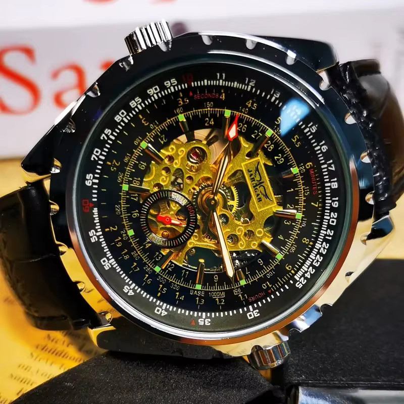 AOKULASIC Armbanduhr Automatik, Edelstahl, Leder, Schwarz, Herren - Bild 5