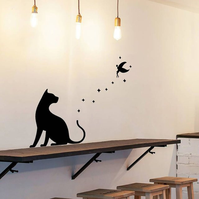 HonC Selbstklebender Wandaufkleber mit Katzen-Silhouette in Schwarz aus PVC für Wohnzimmer und Schlafzimmer - Bild 1