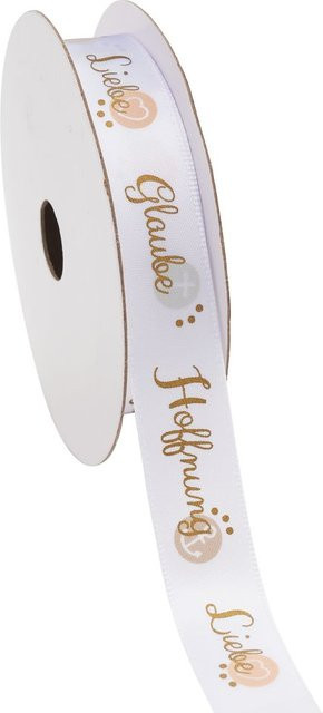 HobbyFun Satinband Glaube Hoffnung Liebe in Weiß und Gold für Konfirmationen und Kommunionen - Bild 1