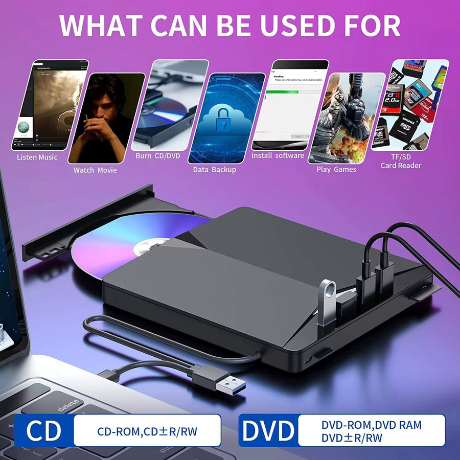 Ammtoo 7-in-1 USB 3.0 Externes CD-DVD-RW Laufwerk, Tragbarer DVD-Brenner in Schwarz, Kompatibel mit Windows 7/8/10 für Laptop und Desktop - Bild 2