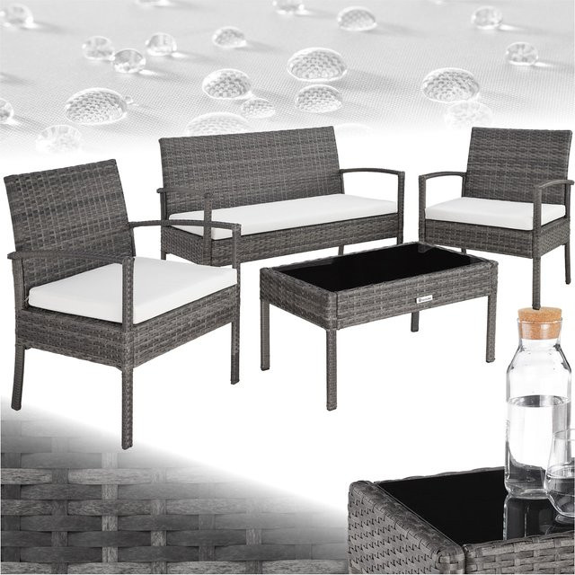 tectake Rattan Sitzgruppe Sparta für 4 Personen aus Polyrattan in Grau, B/T/H: 49,5 x 44 x 77 cm - Bild 1