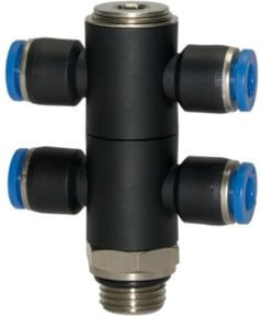 Riegler T-Mehrfachverteiler Blaue Serie, 4-fach drehbar, Messing, G 3/8 a, Ø 10mm, Blau/Schwarz - Bild 1