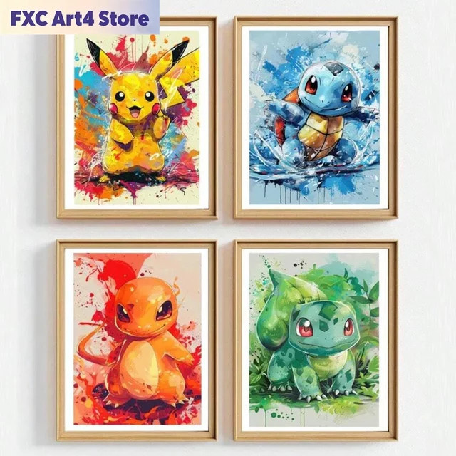 Kayou Anime Pokemon Wandkunst Leinwandgemälde mit Pikachu, Charmander, Bulbasaur und Squirtle als rahmenloses Poster für dein Wohnzimmer - Bild 1