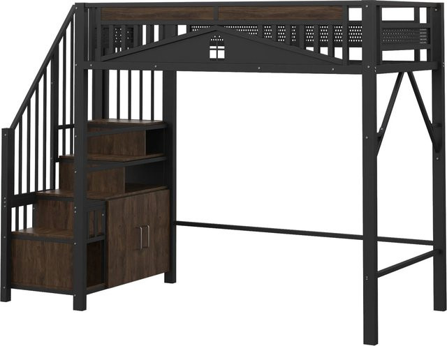 Merax Hochbett für Kinder im Industrial Design mit Treppe und Seitenfächern, Schwarz, B/T/H: 90 x 200 x 170 cm - Bild 1