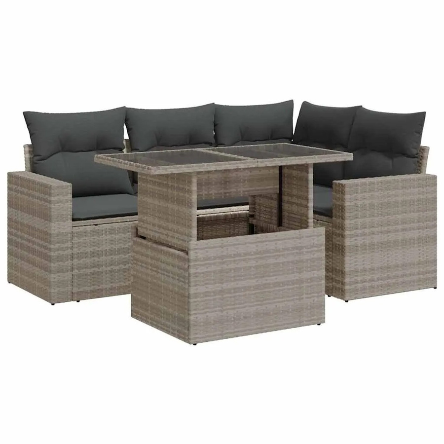 vidaXL 5-teilige Garten-Sofagarnitur in L-Form mit Kissen und Couchtisch, Hellgrau, Poly Rattan und Metallgestell - Bild 2