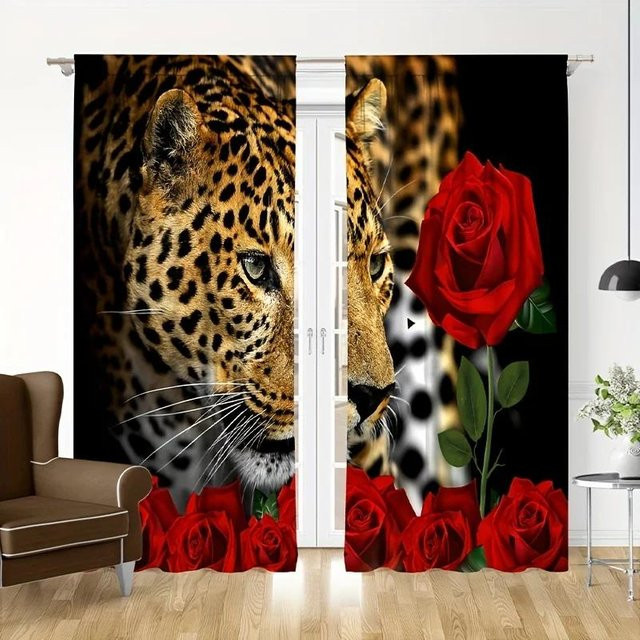 Yiran Furniture Tier-Muster Vorhänge mit Wolf, Tiger und Leopard für Kinderzimmer und Schlafzimmer, Set aus 2 Stück, Mehrfarbig, B: 60 cm, H: 230 cm - Bild 1
