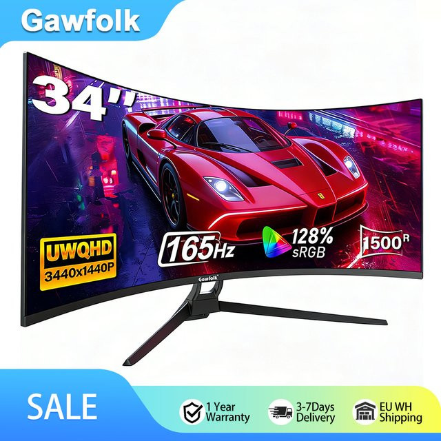 Gawfolk 34 Zoll Ultrawide Curved Gaming Monitor in Schwarz mit 165Hz, UWQHD und 1500R Krümmung sowie FreeSync - Bild 1
