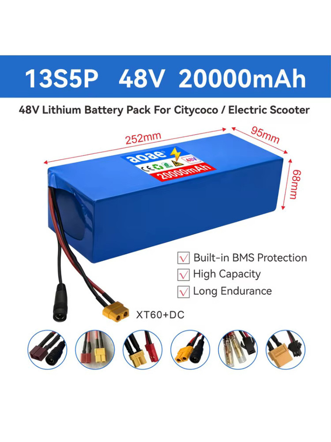 AOAE 48V Elektroroller-Akku 13S5P 20Ah mit 18650 Grade-A Zellen, 2000W, eingebautes BMS, XT60 und JST, Farbe: Blau - Bild 1