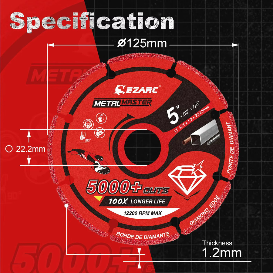 EZARC Trennscheibe für Metall und Edelstahl, rote Diamant-Trennscheibe, Durchmesser: 125 mm - Bild 4