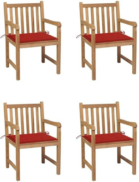 vidaXL Gartenstuhl-Set aus Teakholz mit roten Kissen, 4er-Set, braun - Bild 1