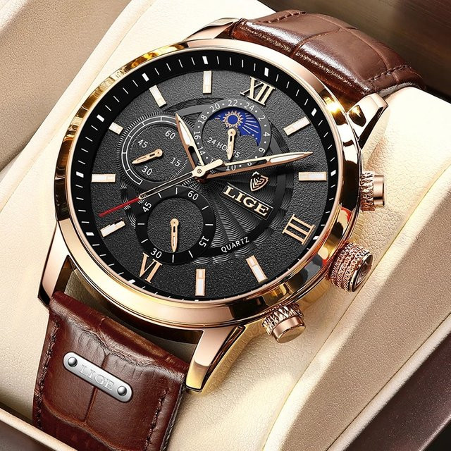 LIGE Armbanduhr, Quarz, Leder, Weiß, Herren - Bild 1