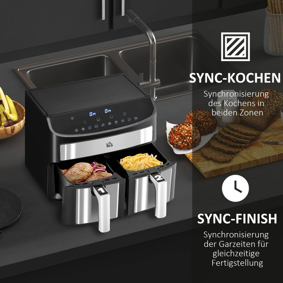 HOMCOM Heißluftfritteuse Dual Zone in Schwarz mit 8 l Fassungsvermögen, B/H/T: 36,3 x 38,8 x 31,1 cm - Bild 2