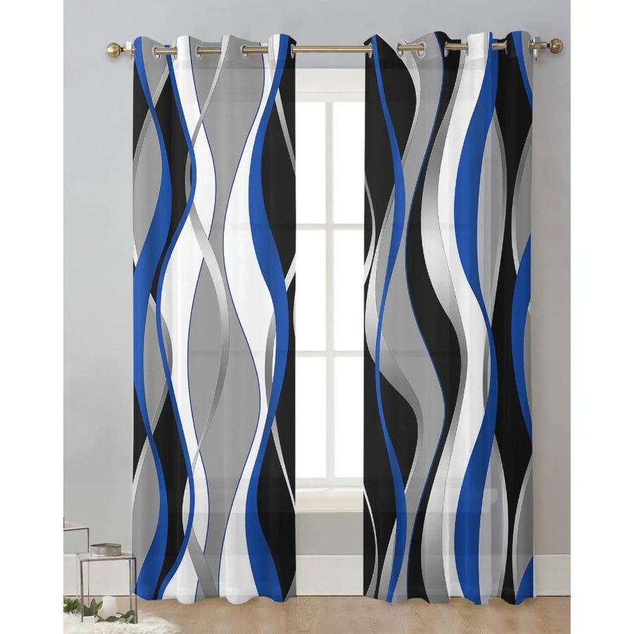 Yiran Furniture Transparenter Voile-Vorhang mit abstraktem Linienmuster in Blau und Schwarz, B: 135 cm, H: 115 cm - Bild 2