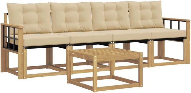 vidaXL Outdoor-Sofagarnitur 5-teilig aus Akazienholz mit Kissen in Weiß und Beige - Bild 1
