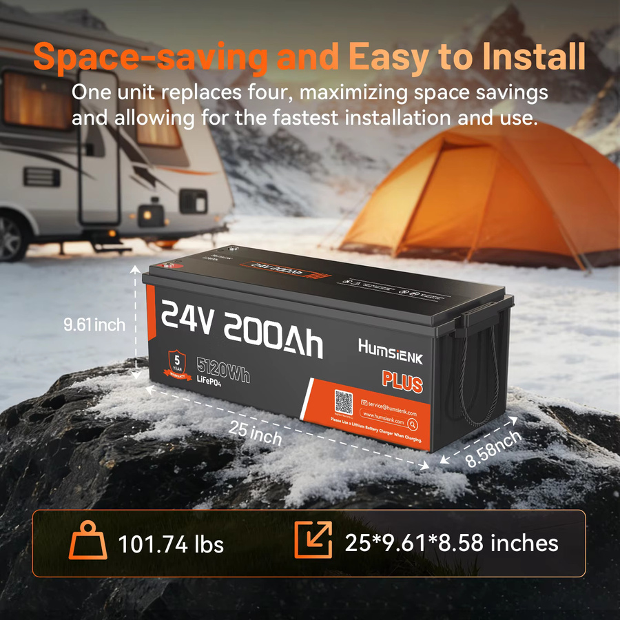 Humsienk 24V 200Ah LiFePO4 Lithium-Batterie mit integriertem 250A BMS und Niedertemperaturschutz in Schwarz für Wohnmobile, Camper und Marine-Anwendungen - Bild 2