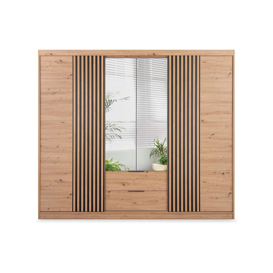 Vente-unique Kleiderschrank Sidovia in Naturfarben mit Spiegeltüren und Schubladen, Breite: 250 cm, Höhe: 213 cm - Bild 2