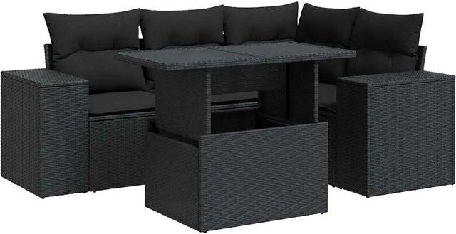 vidaXL 5-tlg. Garten-Sofagarnitur in L-Form aus schwarzem PE-Rattan mit Kissen und pulverbeschichtetem Stahlgestell - Bild 1