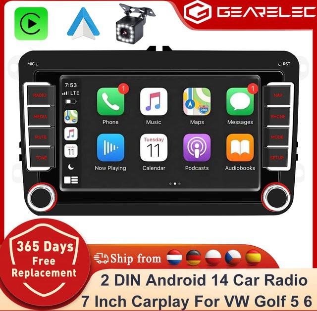 Gearelec Android 14 2 DIN Autoradio mit Carplay und Android Auto in Schwarz für Volkswagen VW Caddy Golf V VI Plus Touran Passat B6 Polo Jetta sowie Skoda Octavia und Seat Toledo - Bild 1