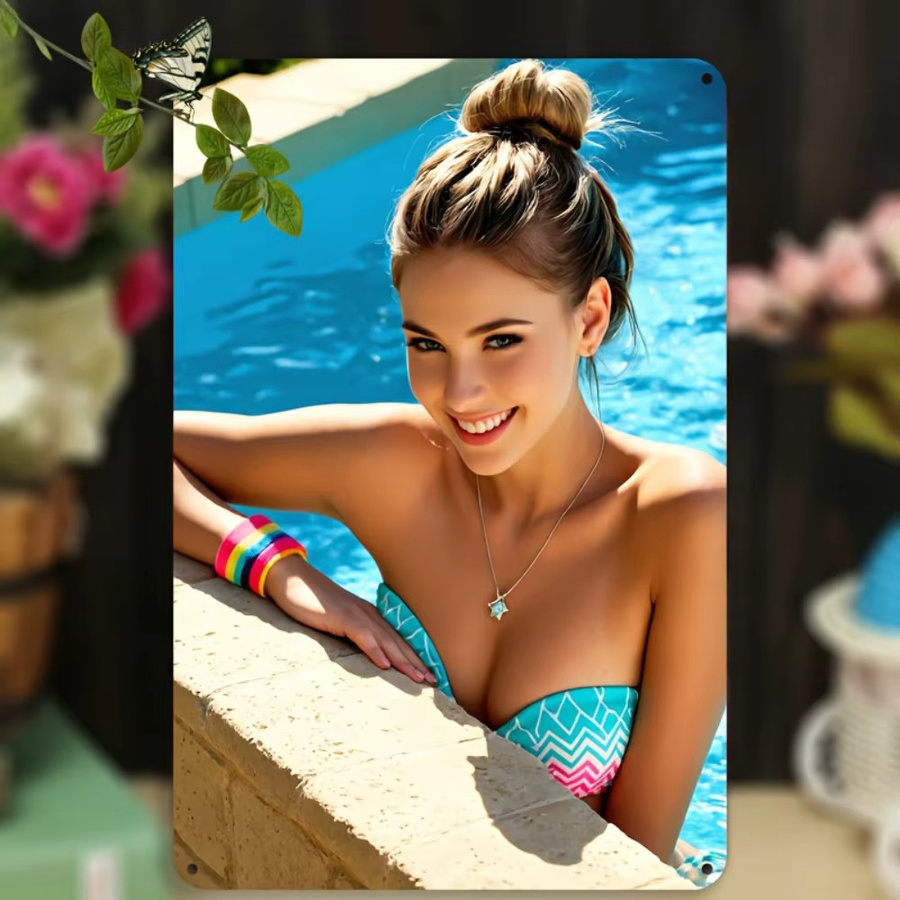HELLOYOUNG Vintage Metall-Blechschild Lady Poolside, Retro Art-Deco Wanddekoration, Mehrfarbig, B: 20,3 cm, H: 30,5 cm - Bild 5
