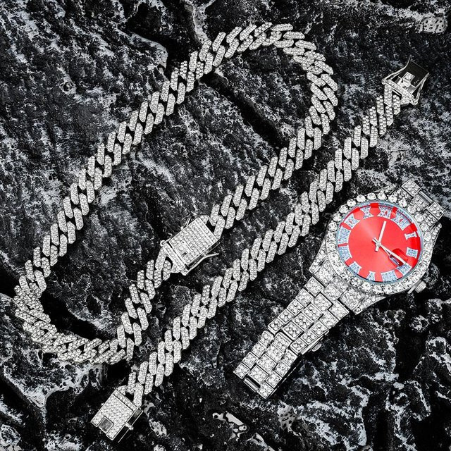 YIRAN Halskette und Armband, Cuban Chain, Grau, Zirkonia, Herren - Bild 1