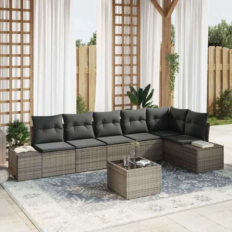 vidaxl Gartensofa-Set aus Polyrattan mit 7-teiliger Kissen-Garnitur in Grau - Bild 1